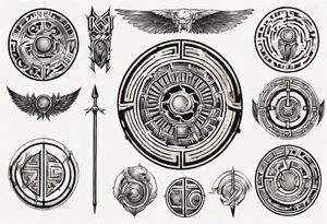 rectangle-long tattoo within a half-circle configuration with a shield and spear with ancient Greek art intertwined tattoo idea