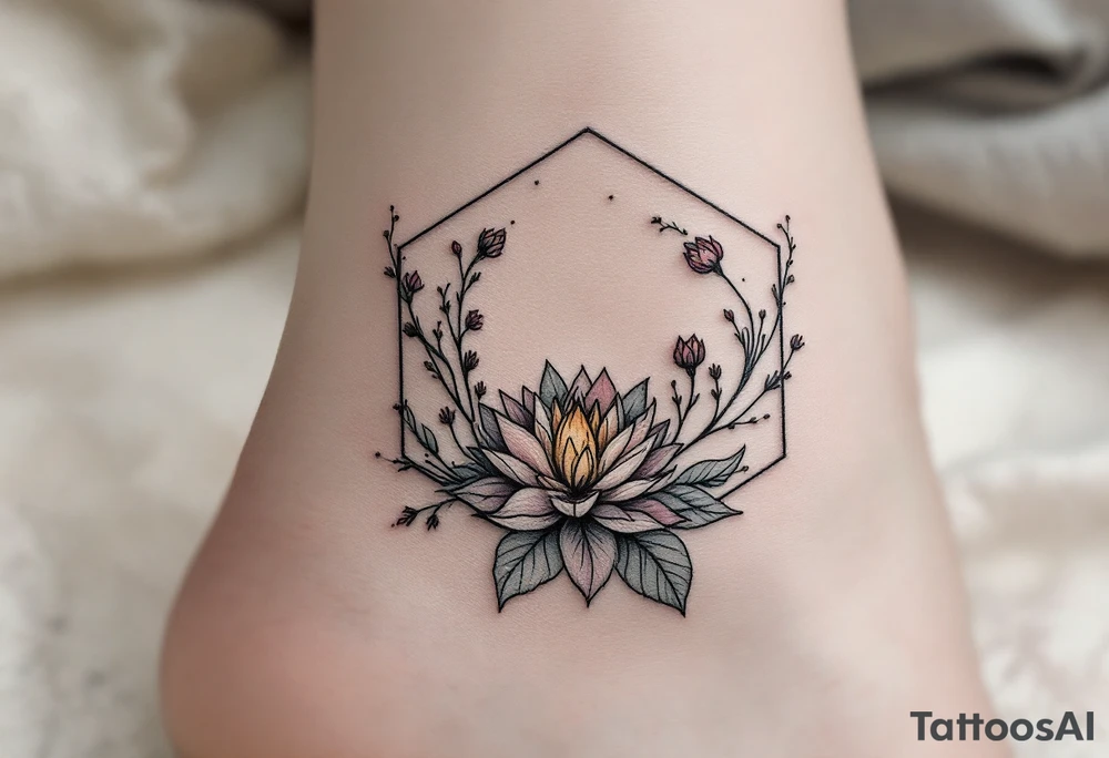 Faint Hexagon with Leo, larkspur and water lilies in the center tattoo idea