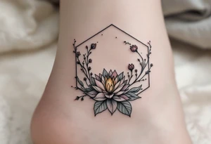 Faint Hexagon with Leo, larkspur and water lilies in the center tattoo idea