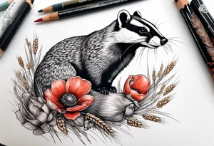 A British wildlife sleeve, with a badger, squirrel, falcon and field mice with poppys and wheat tattoo idea