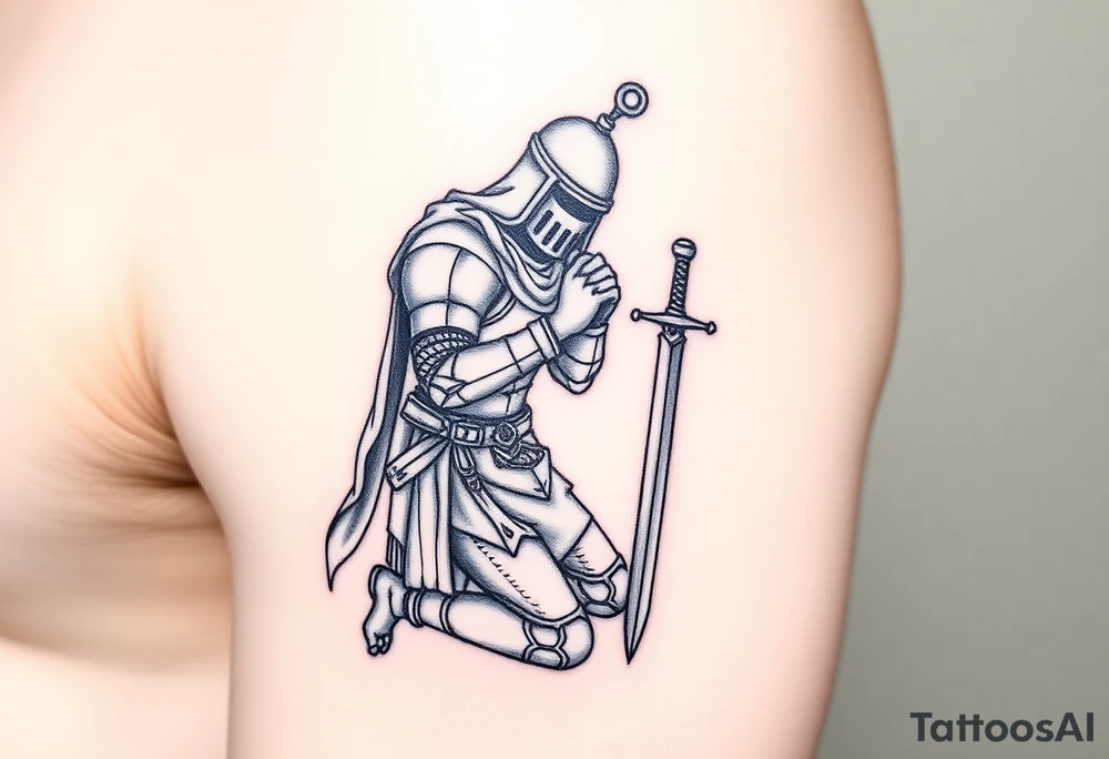 Weary knight with sword praying on one knee tattoo idea