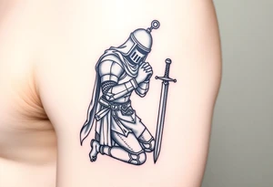 Weary knight with sword praying on one knee tattoo idea