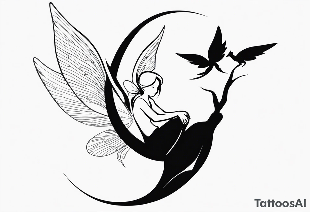 Minimalistic, monochromatic fairy with a tail flying to the left in a fetal position, leaning and looking in the same direction, with visible hands, embodying the 'Fairy Tail' logo aesthetic. tattoo idea