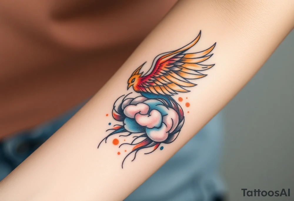 A phoenix rising out of a brain looking powerful tattoo idea
