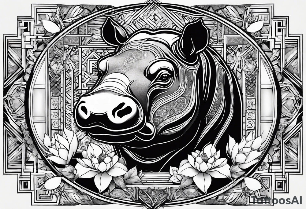 Very asymmetrical, +geometric pattern, with realistic full moon, with handsome hippo, +zen feel, + Buddhism touch, +tribal, +geometric, +inkart 
with wintersweet flower bud, +portrait orientation, +inkart touch, tattoo idea