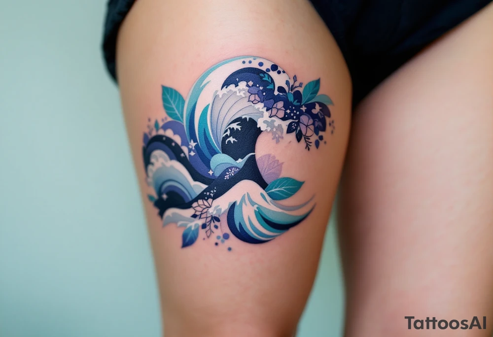 A gradient wave blends deep indigo to seafoam green along the ribs, with geometric patterns. tattoo idea