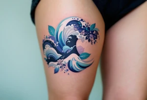 A gradient wave blends deep indigo to seafoam green along the ribs, with geometric patterns. tattoo idea