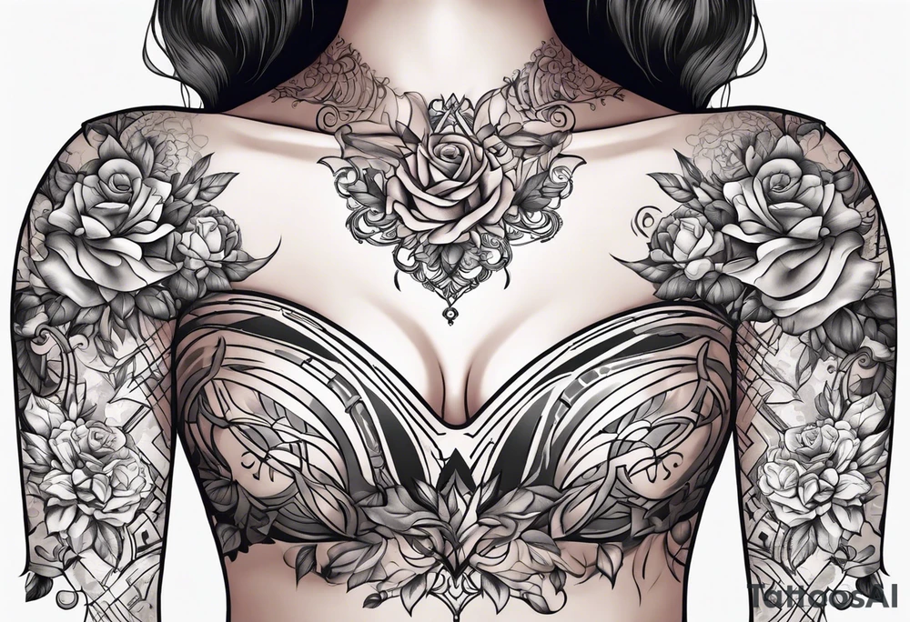 chest tattoo, from shoulder to shoulder, covering lover part of the neck. contains skulls, roses and muertos style girls tattoo idea