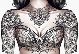 chest tattoo, from shoulder to shoulder, covering lover part of the neck. contains skulls, roses and muertos style girls tattoo idea