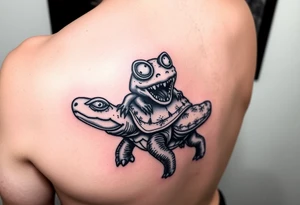 An insane creature with alien eyes riding a turtle who has a giant open mouth and long teeth tattoo idea
