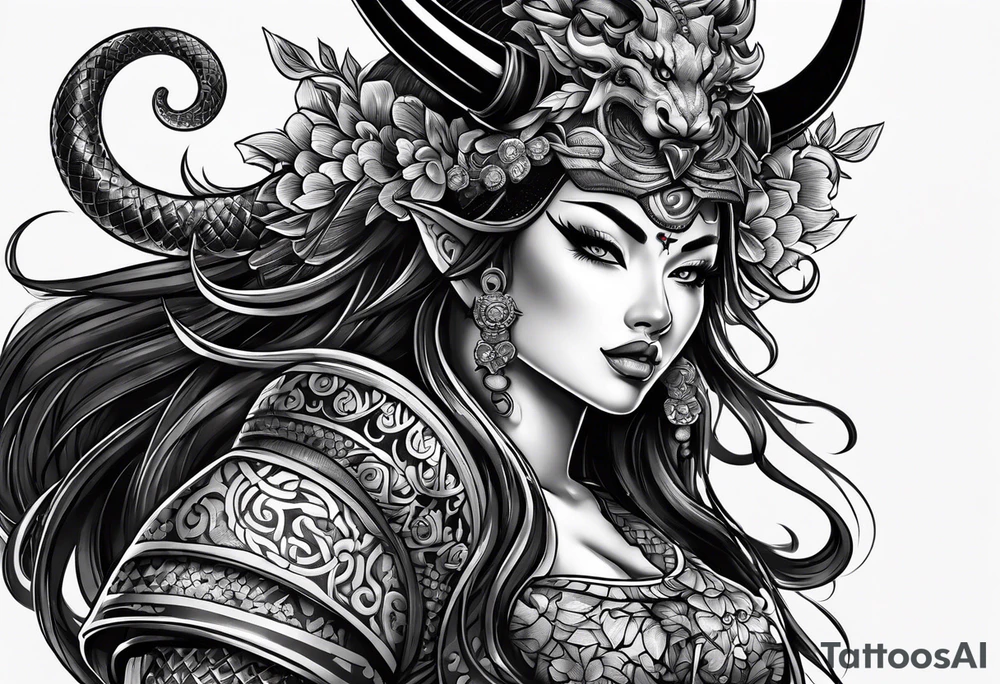 Um gueixa com máscara oni segurando um leque tattoo idea