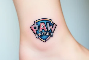 A pentagon-shaped Paw Patrol emblem, in a realistic metallic style with reflective highlights tattoo idea