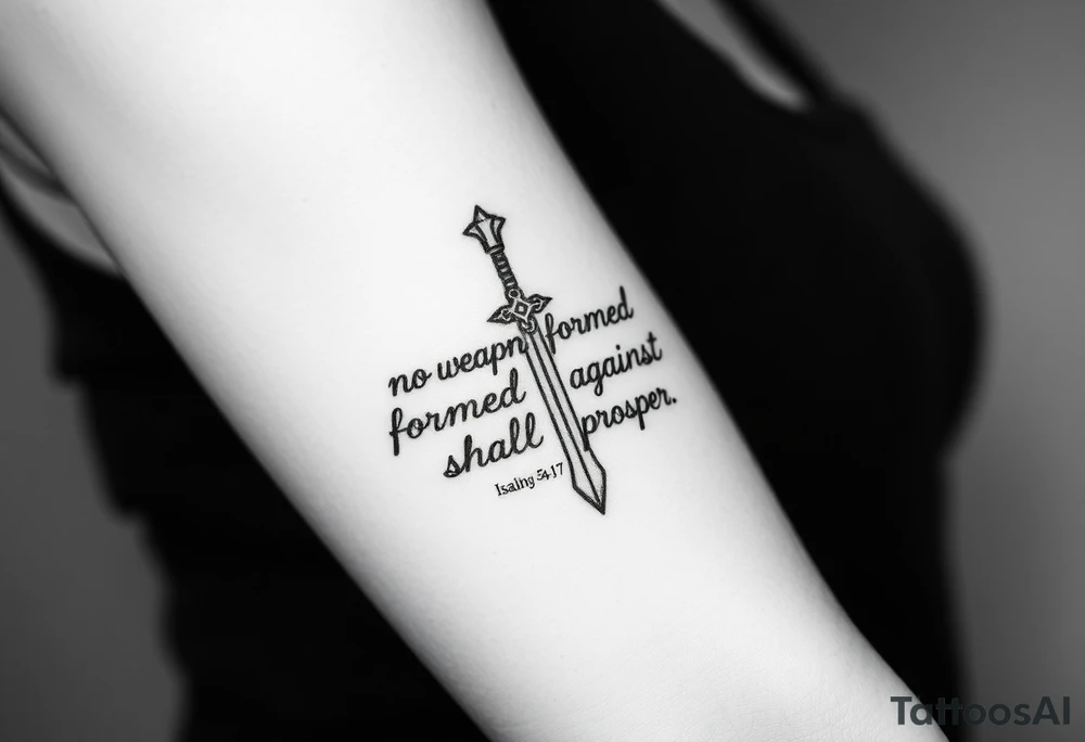 A image that depicts, Isaiah 54:17, no weapon formed against me shall prosper. tattoo idea
