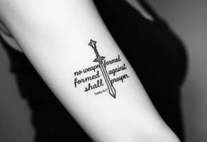 A image that depicts, Isaiah 54:17, no weapon formed against me shall prosper. tattoo idea