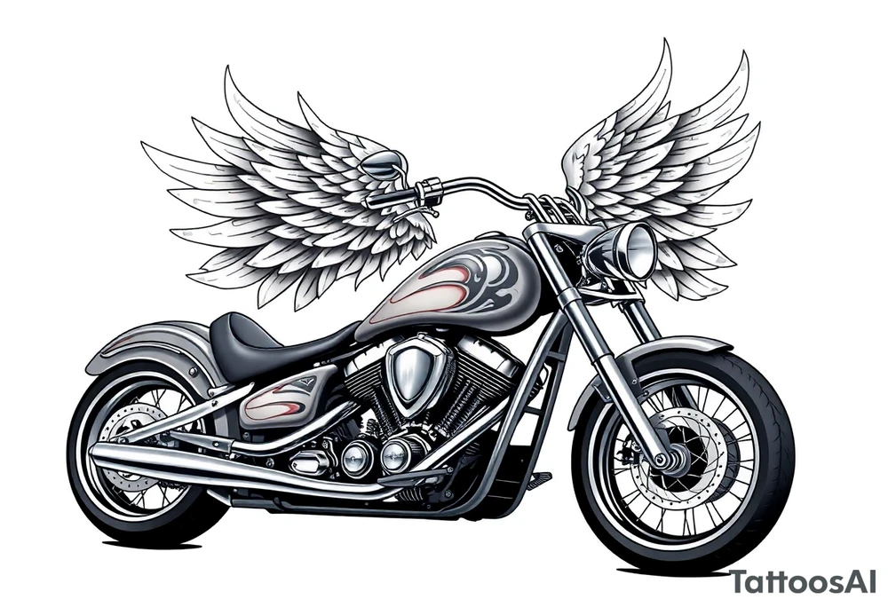 Low rider grey motorcycle, flames, angel wings tattoo idea