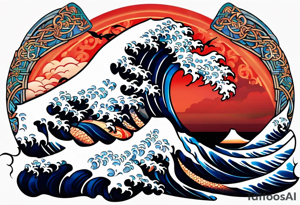 full sleeve. japanese wave mixed in celtic tribal patterns equally. tattoo idea