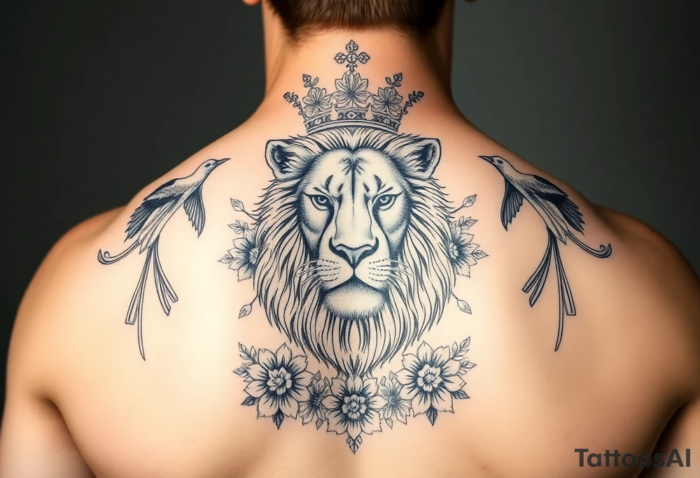 powerful majestic lion with a crown, surrounded by floral ornaments and birds tattoo idea