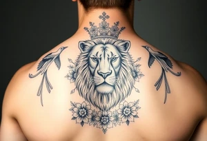 powerful majestic lion with a crown, surrounded by floral ornaments and birds tattoo idea