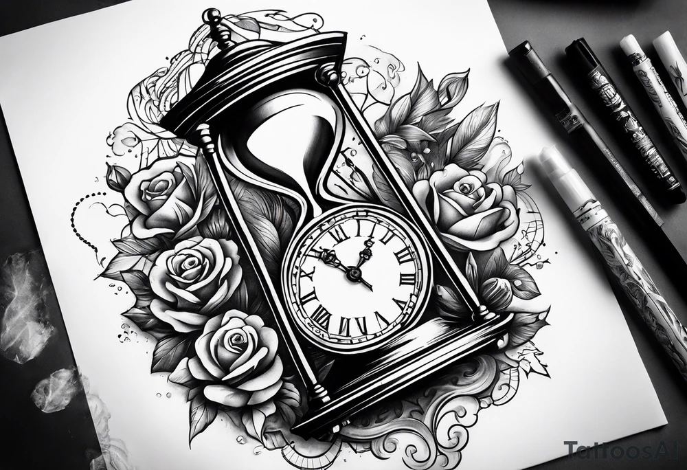 a tattoo mixing a clock and an hourglass in black and white where the year 1979 appears. tattoo idea