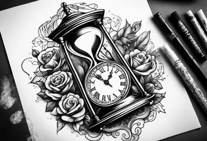 a tattoo mixing a clock and an hourglass in black and white where the year 1979 appears. tattoo idea