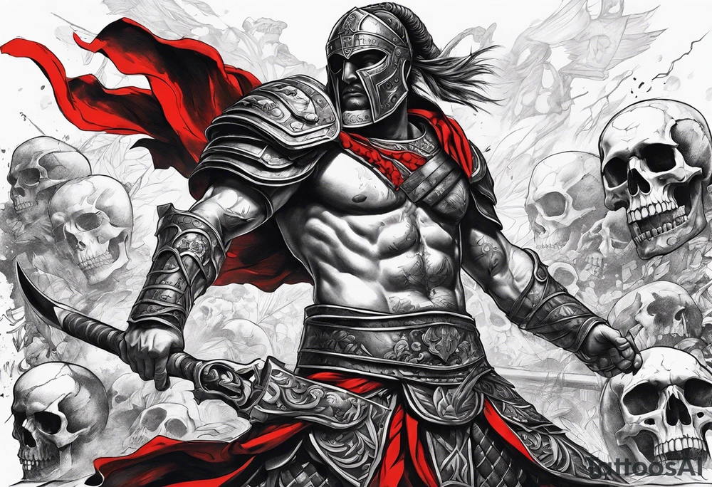 Black and white full body of gladiator, with red clothes, red blood around, skulls and skeletons on the ground tattoo idea