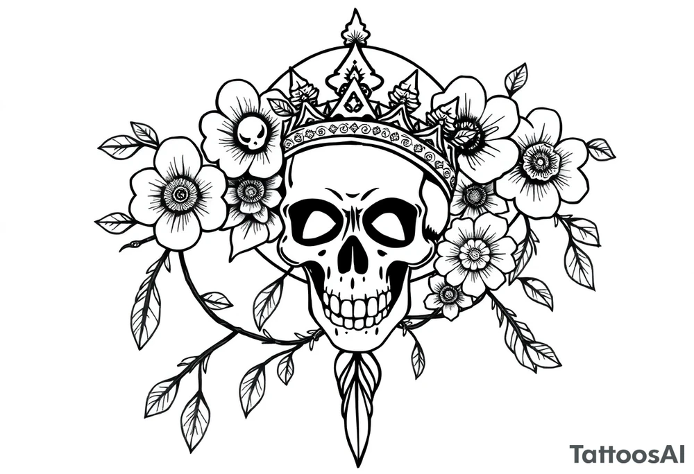 Mandala dream catcher with detailed beautiful gothic boho flowers on vine and skull with gorgeous crown tattoo idea