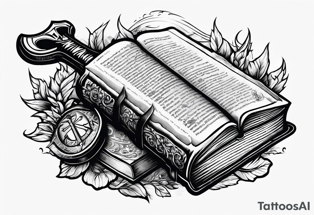 An opened bible with a battle Axe tattoo idea