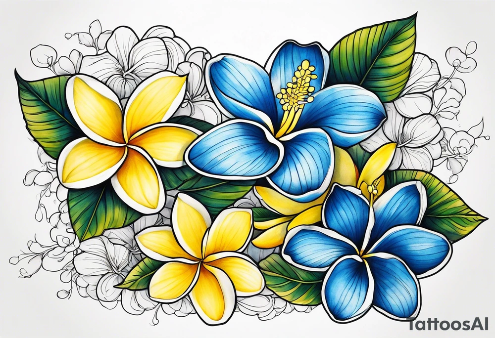 The word ohana, two blue plumerias, two yellow plumerias tattoo idea