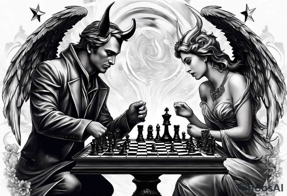 Depict an angel and devil engaged in a chess game, with the chessboard reflecting the cosmic battleground between good and evil, symbolizing the strategic nature of the eternal conflict. tattoo idea
