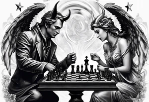 Depict an angel and devil engaged in a chess game, with the chessboard reflecting the cosmic battleground between good and evil, symbolizing the strategic nature of the eternal conflict. tattoo idea