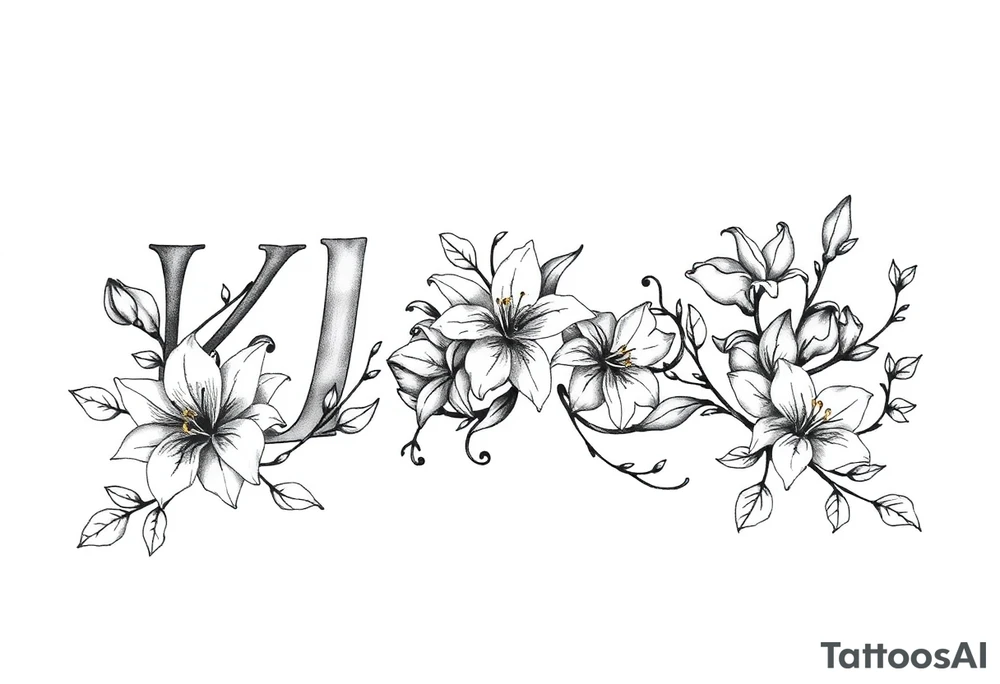 The word Kloee surrounded by big
lilies with the vines in letters tattoo idea