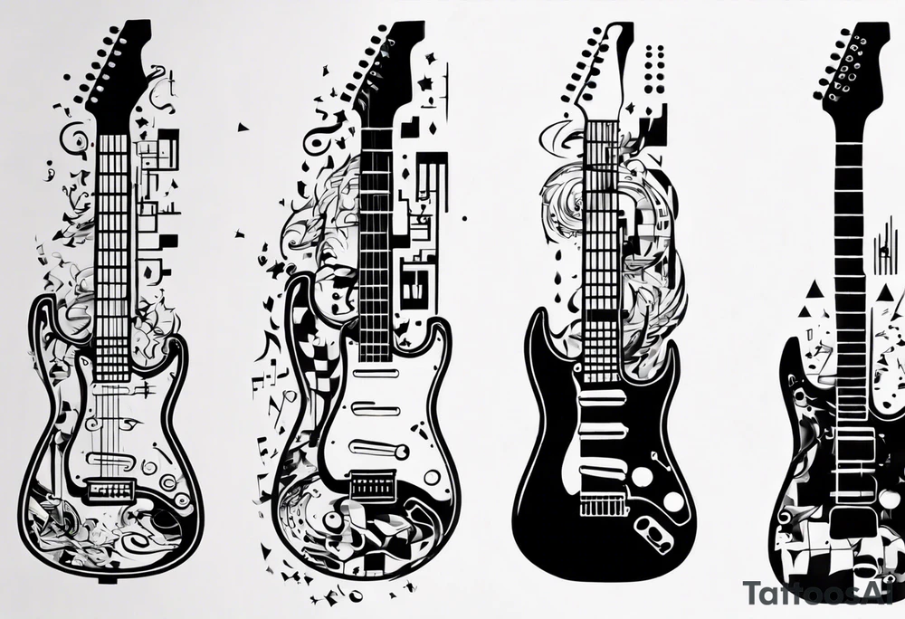 Create a unique vertical tattoo design inspired by my passion for the electric guitar and video games. Consider an abstract representation of musical notes and pixel graphics that fits well on the back of the forearm tattoo idea