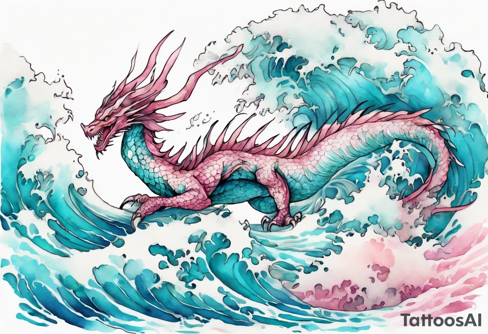 a beautiful turquoise pink and white wyvern rising from the blue waves of the ocean tattoo idea