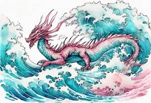 a beautiful turquoise pink and white wyvern rising from the blue waves of the ocean tattoo idea