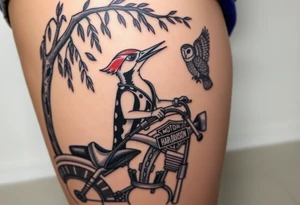 Woody the woodpecker wearing a leather vest that says peckerwoods, on a Harley Davidson under a willow tree, gazing in love at a barn owl tattoo idea