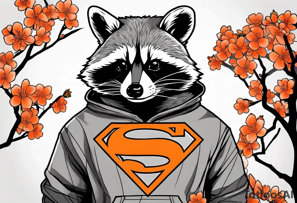 raccoon wearing a black and white Superman hoodie and orange Japanese cherry blossoms tattoo idea