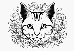 Illustrate a small tattoo of a tabby cat curled up, surrounded by gentle swirls or floral elements to enhance its cozy vibe tattoo idea