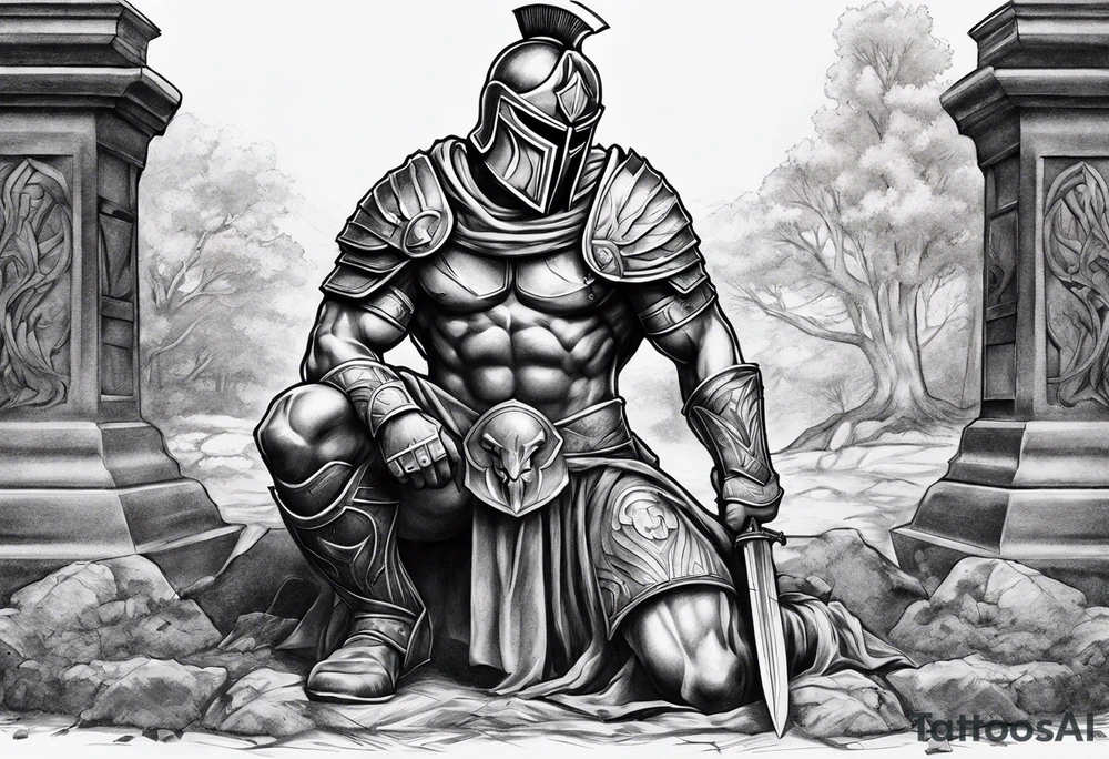 Spartan kneeling on a grave tattoo idea