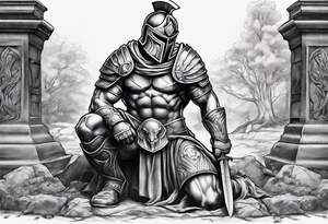 Spartan kneeling on a grave tattoo idea