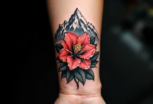 vertical wrist size red  and black rhododendron trippy with Himalayas behind tattoo idea