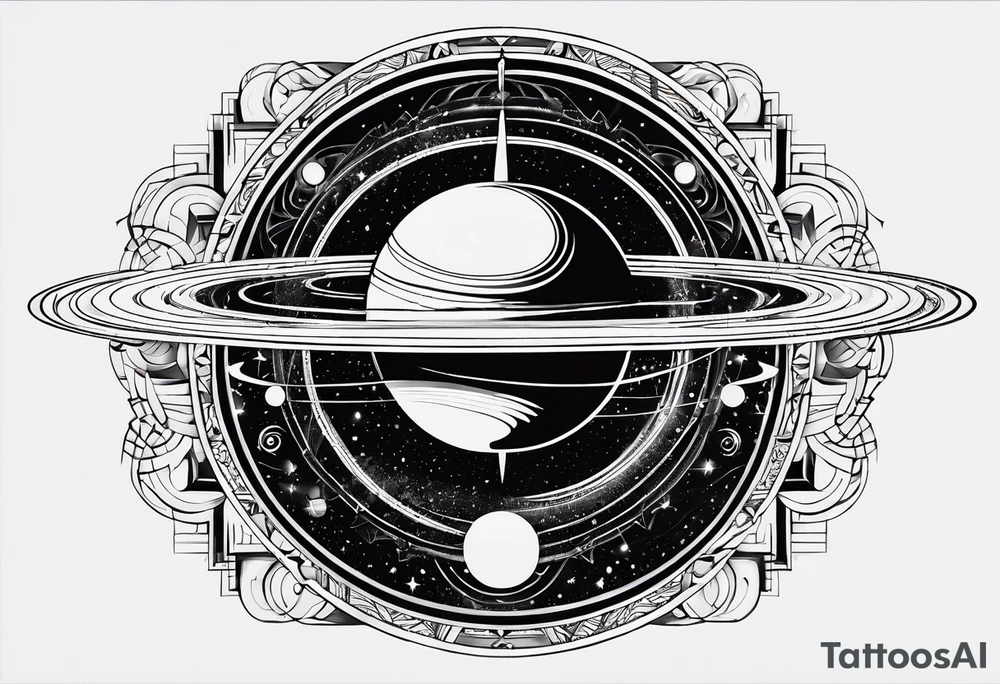 A tattoo with Saturn at the center surrounded by intricate linguistic symbols, reflecting the client's interests in cosmology and linguistics. tattoo idea