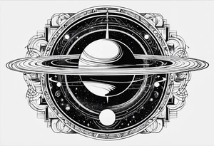 A tattoo with Saturn at the center surrounded by intricate linguistic symbols, reflecting the client's interests in cosmology and linguistics. tattoo idea