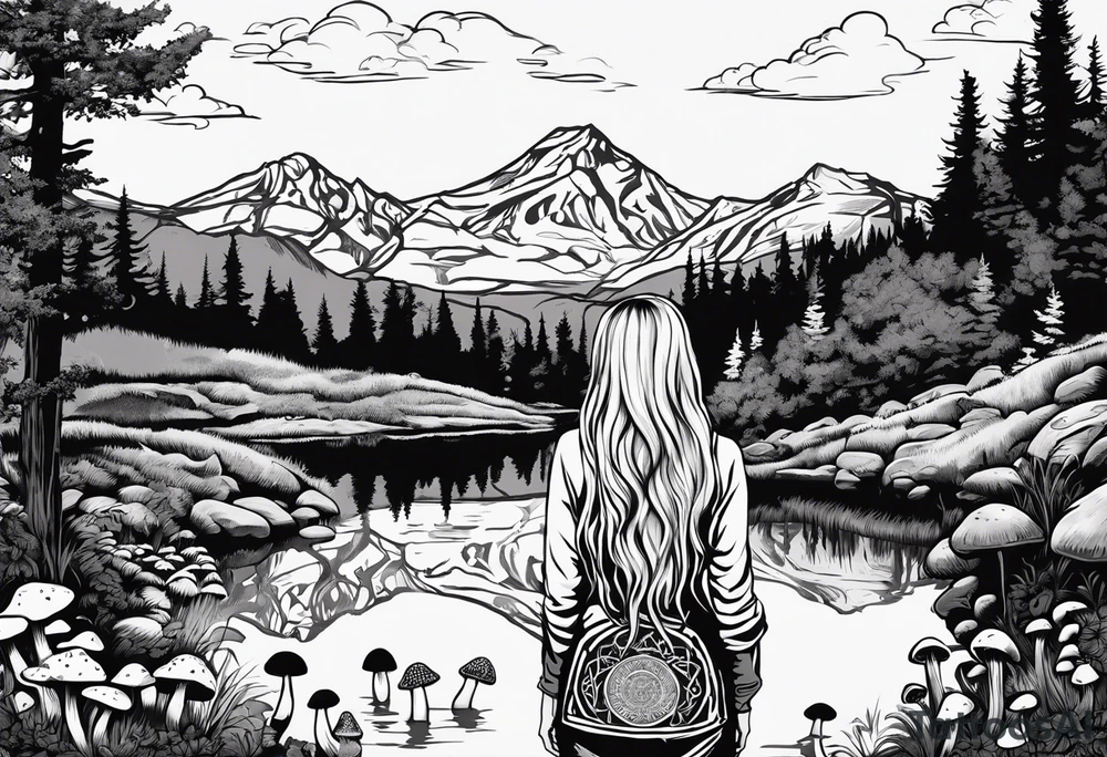 Whole picture encircled fully

Straight long blonde hair hippie girl in distance holding mushrooms in hand facing away toward mountains and creek surrounded by mushrooms long sleeve shirt and hiking pants; whole rendering within a full celtic circle, no cut off circle tattoo idea