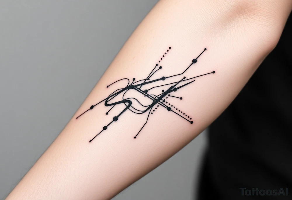 Abstract black line tattoo for a male, inner forearm and elbow area.
Broken, segmented flowing lines, sharp turns, mechanical rhythm, subtle dot accents.
Not delicate, not ornamental, technical and controlled motion.
Black ink only, no shading, photo-accurate tattoo design. tattoo idea