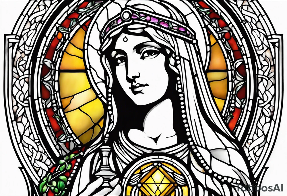 holy saint woman with halo stained glass holding a chalice tattoo idea