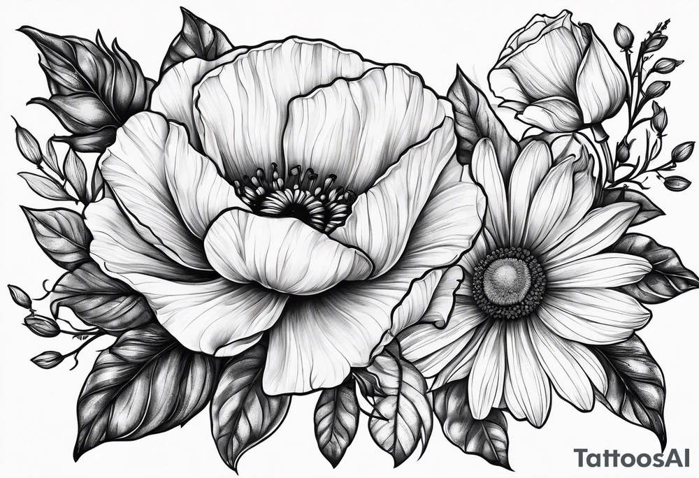 One poppy one rose two daisies tattoo idea