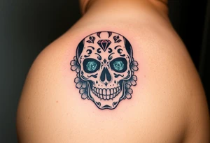 Masculine sugar skull with diamond gemstone eyes and daisy around the skull tattoo idea