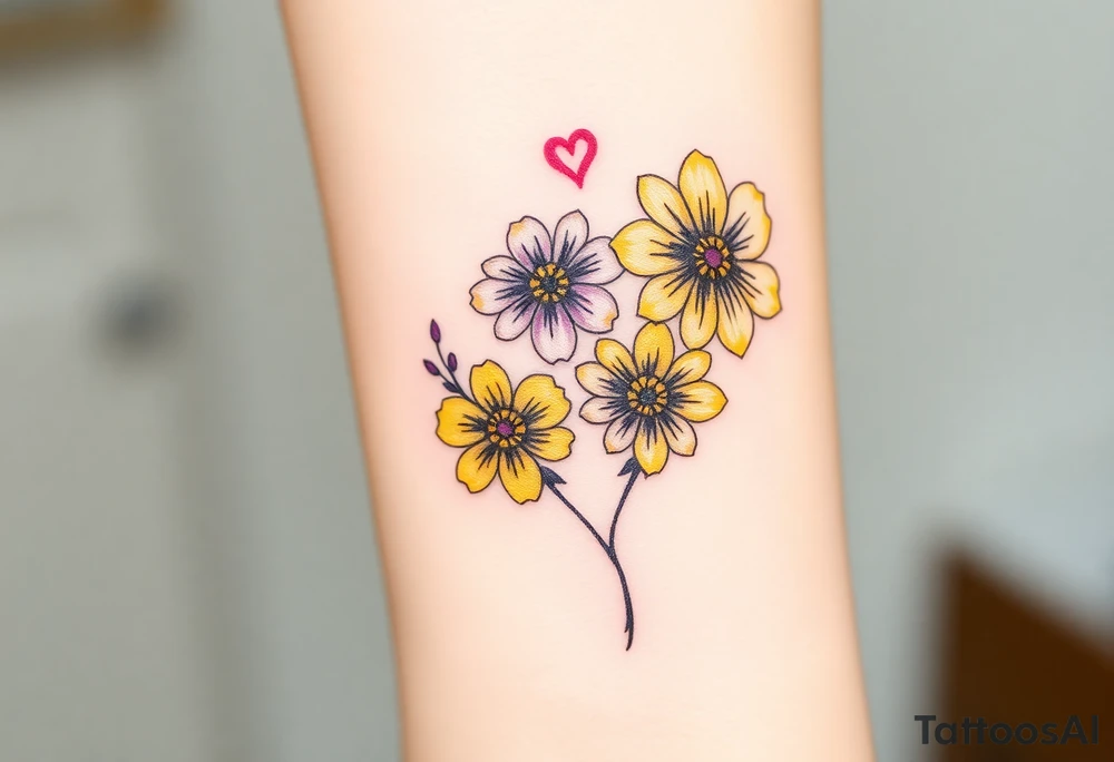 Yellow daisy Purple Hearts in heaven tattoo idea