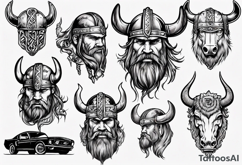 Viking head with a old mustang car tattoo idea