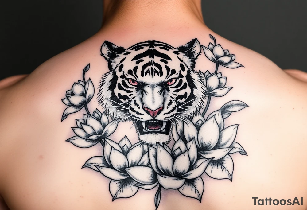 fierce tiger emerging through blooming lotus flowers in mist tattoo idea